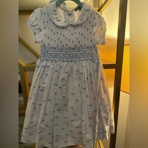 Fleurisse White and Blue Bow smocked dress, size 6